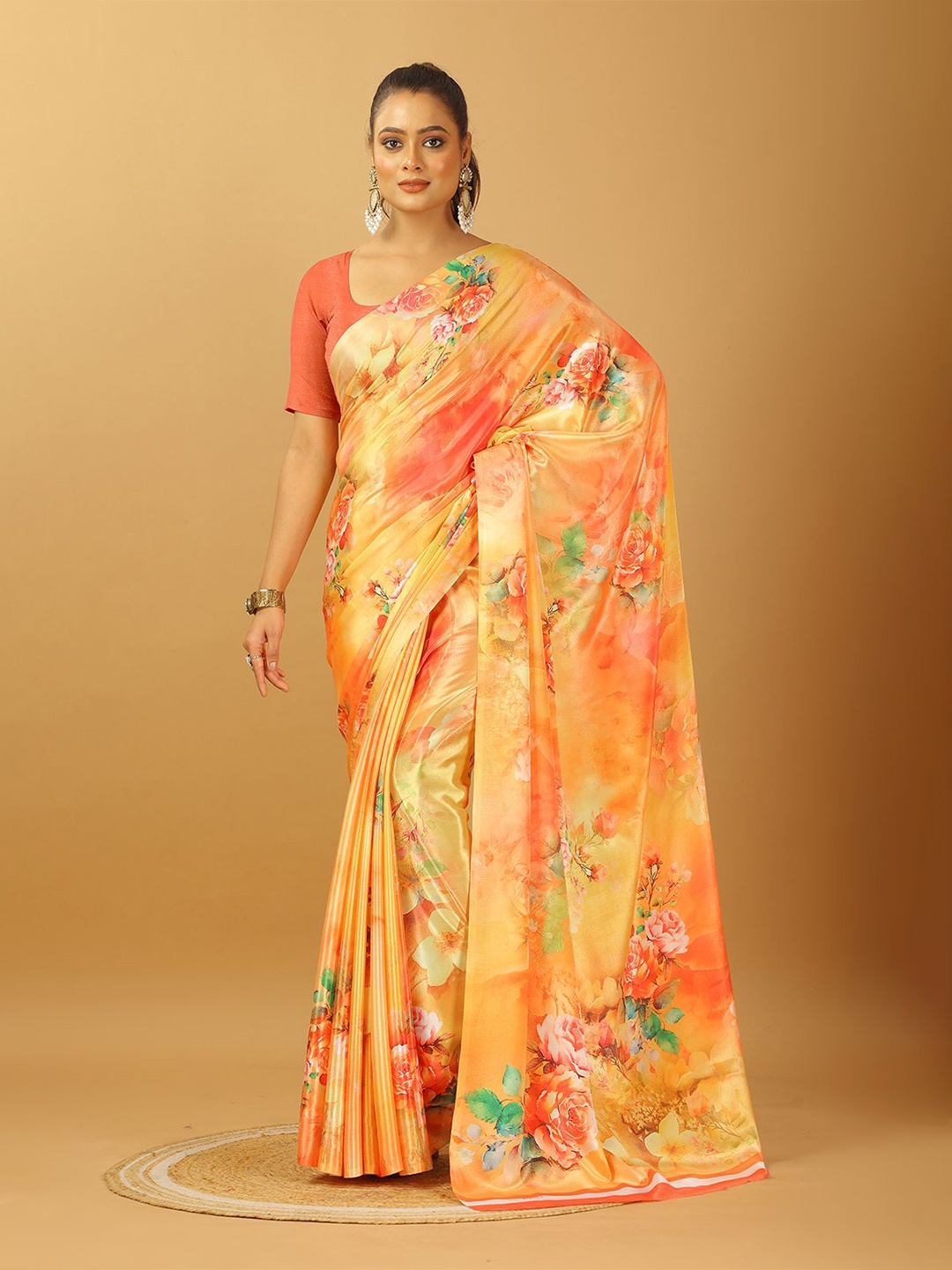 

VIRENDRA TEXTILES Floral Pure Crepe Saree, Orange