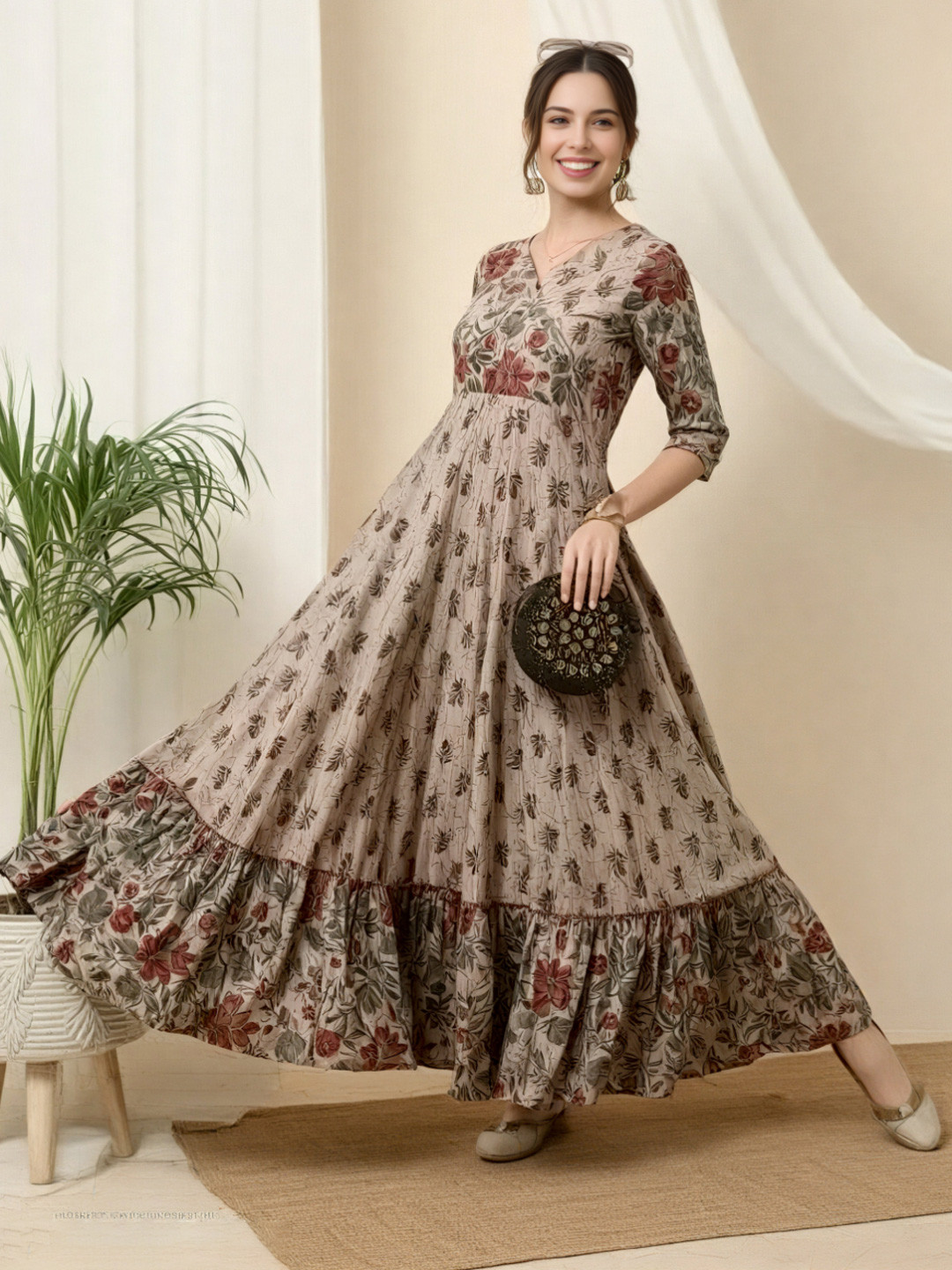 

BAIRAJ Floral Printed V-Neck Angrakha Anarkali Kurta, Beige