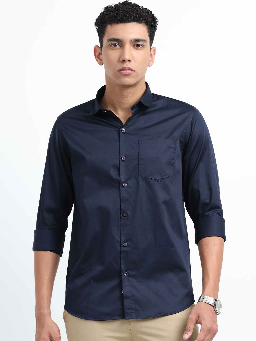 

U.S. PITCHERS Men Smart Slim Fit Spread Collar Solid Satin Casual Shirt, Navy blue