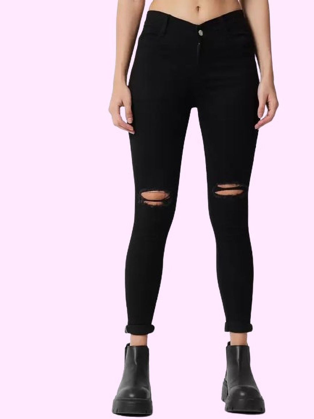 

LINARIA Women Classic Slim Fit Slash Knee Cotton Jeans, Black