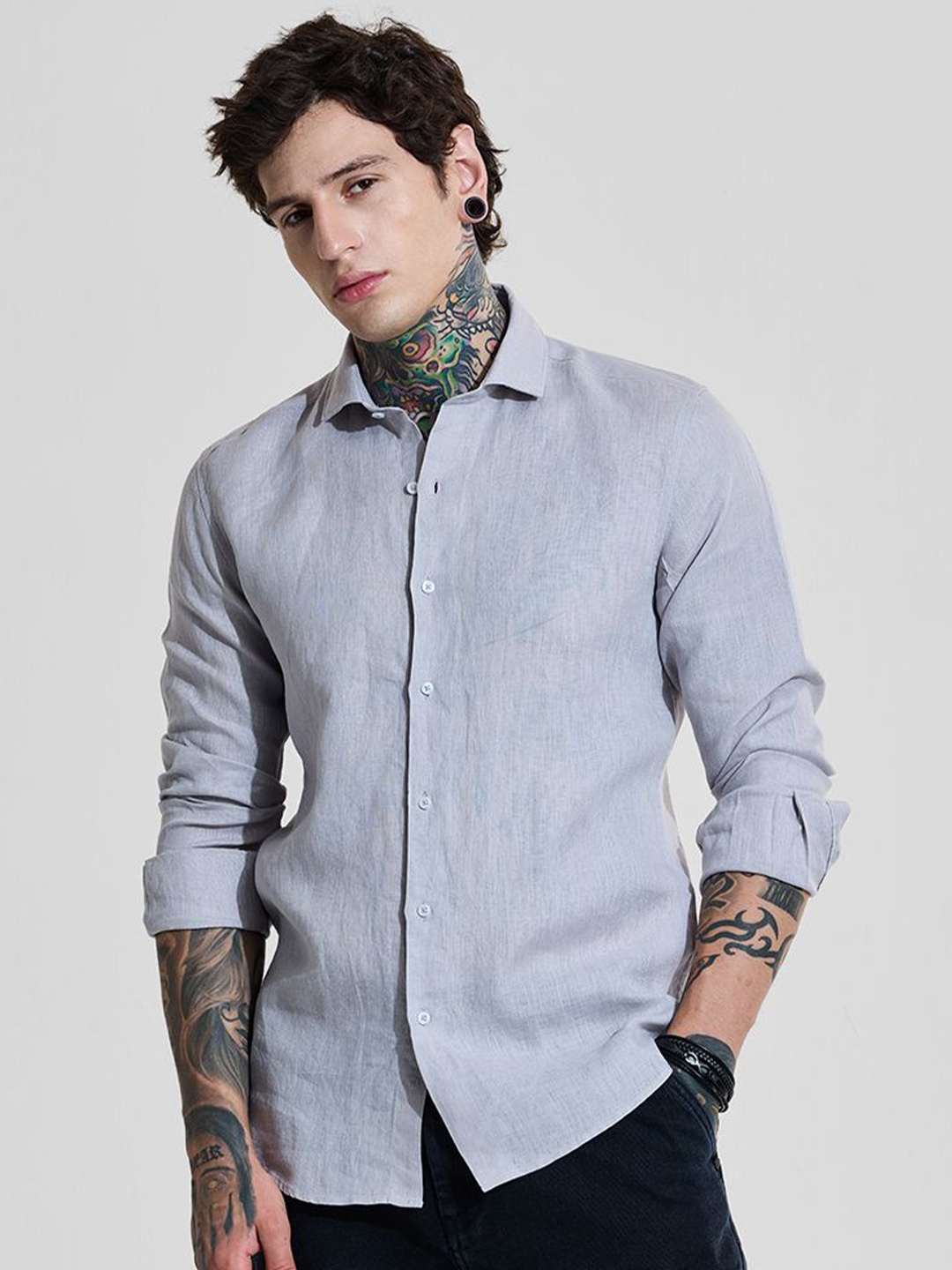

Snitch Men Classic Slim Fit Spread Collar Solid Linen Casual Shirt, Grey