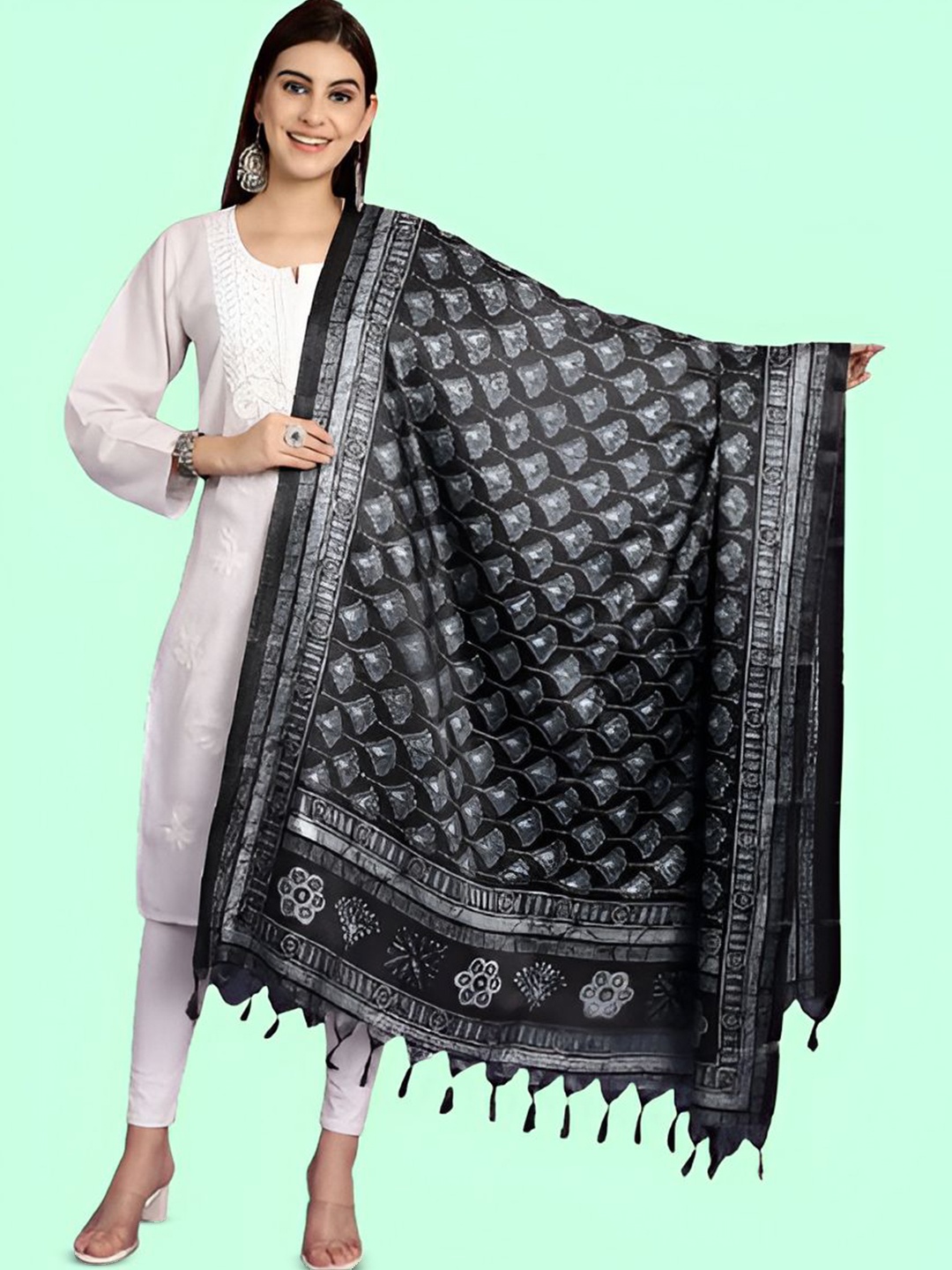 

LOOM LEGACY Floral Block Printed Art Silk Dupatta, Black