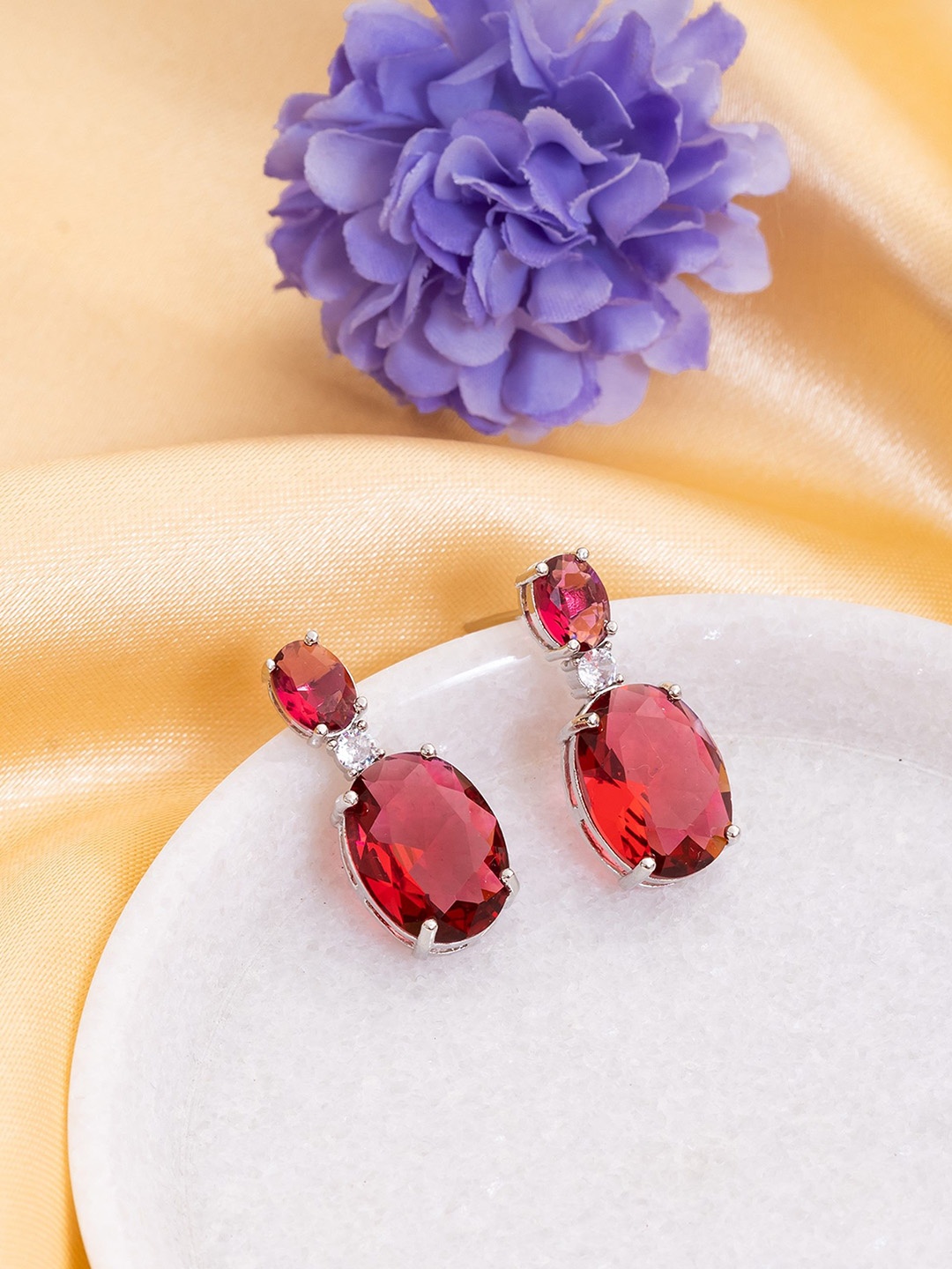 

Manikya Rhodium-Plated American Diamond Studded Oval Shaped Drop Earrings, Silver