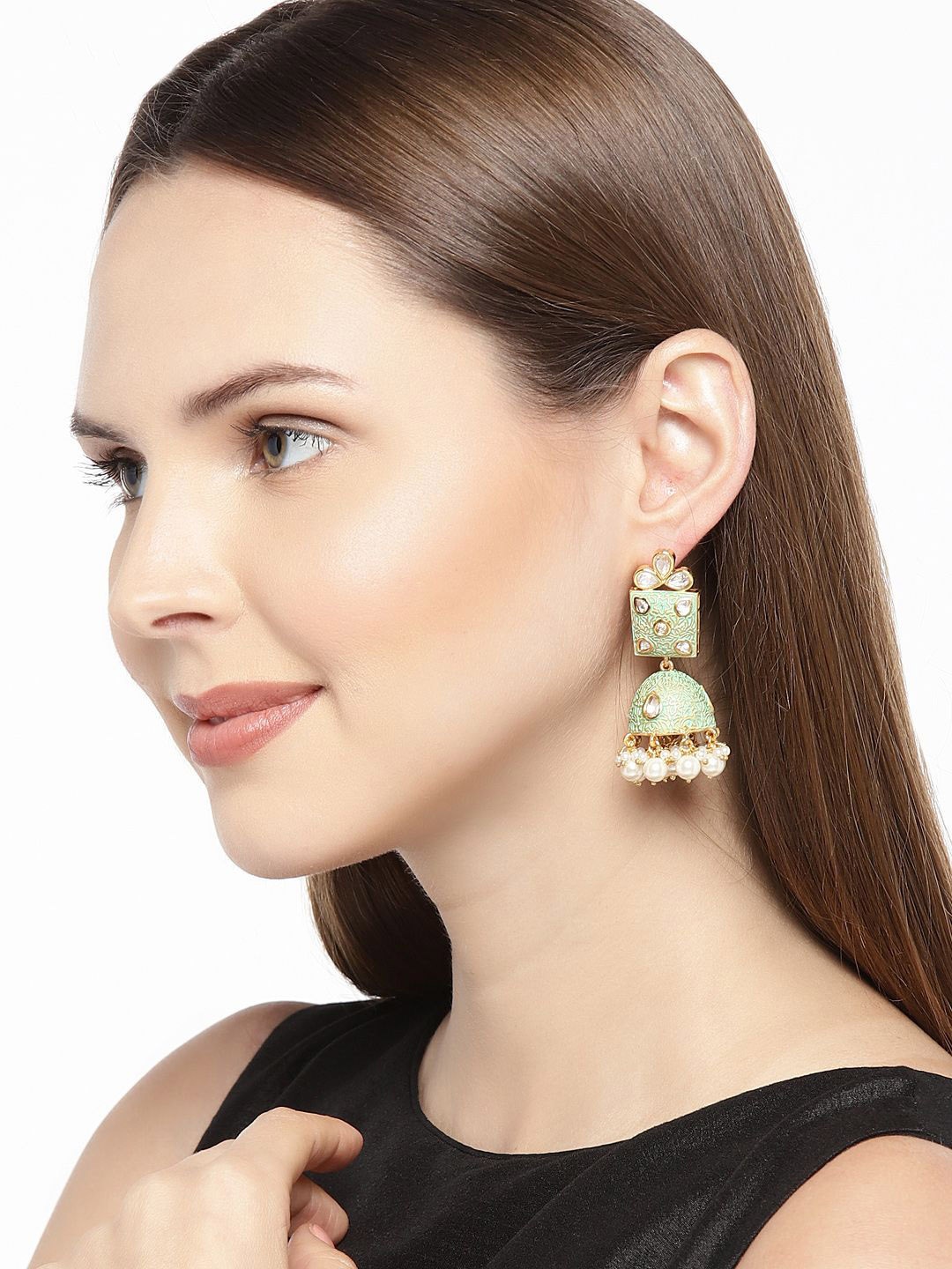 

House of Pataudi Gold-Plated Kundan Studded & Pearls Beaded Enamel Dome Shaped Jhumkas