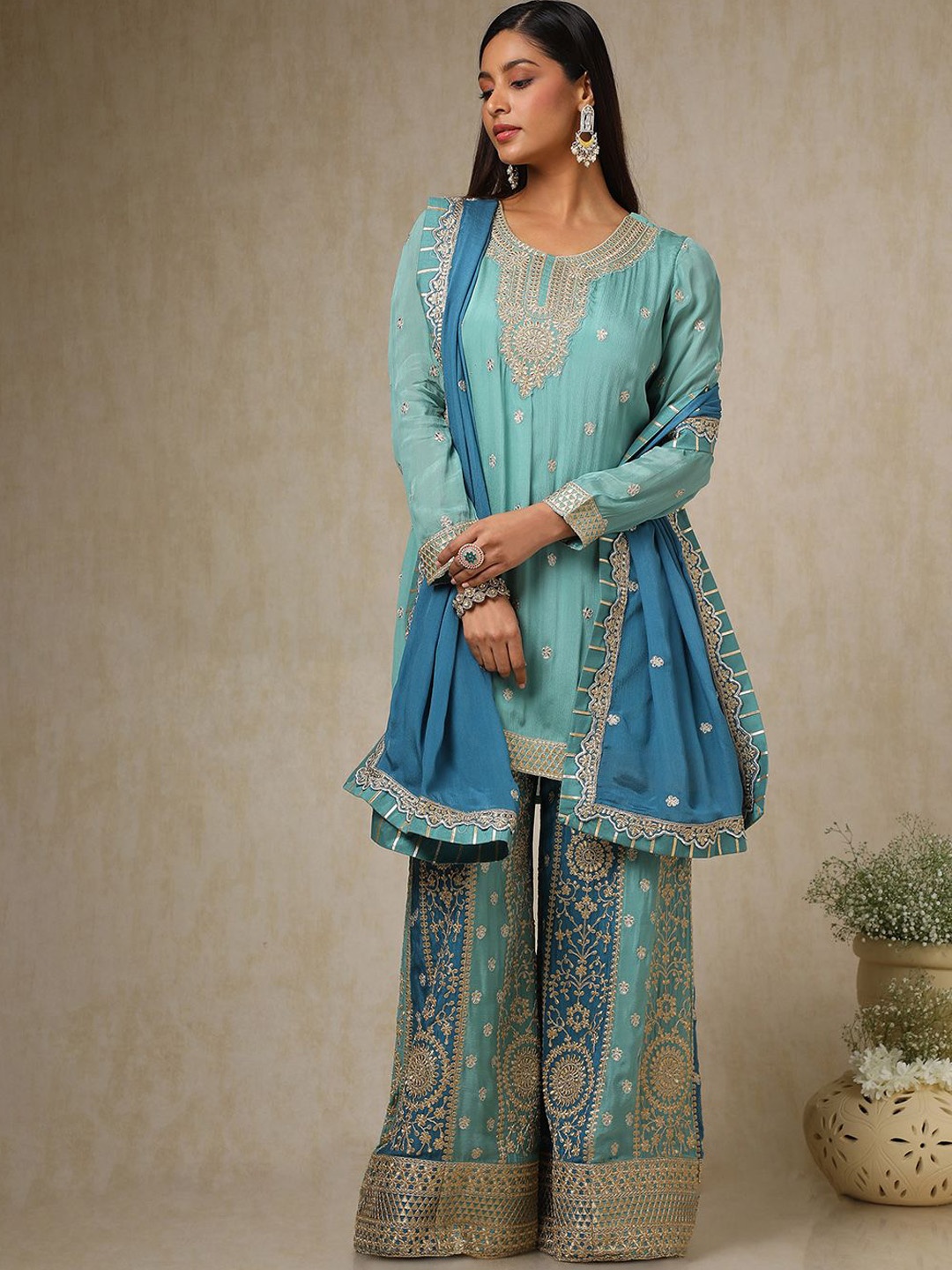 

Soch Floral Embroidered Sequinned A-line Kurta With Palazzos And Dupatta, Turquoise blue