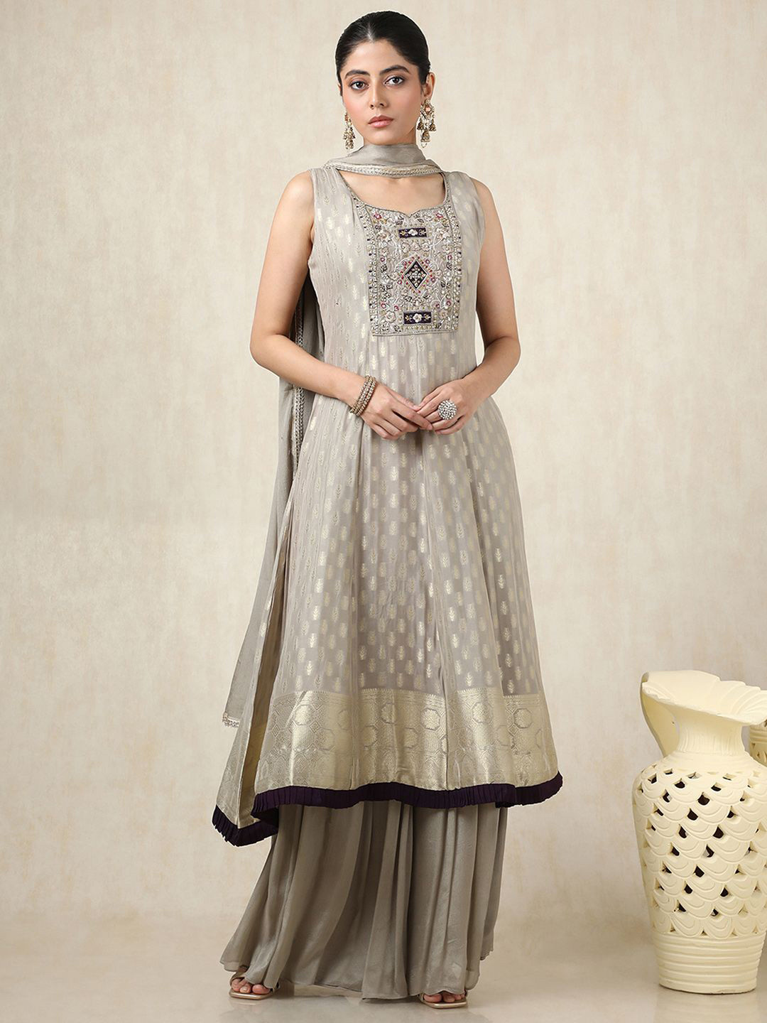

Soch Floral Woven Design Zari Work Sweetheart Neck Anarkali Kurta With Palazzos & Dupatta, Grey