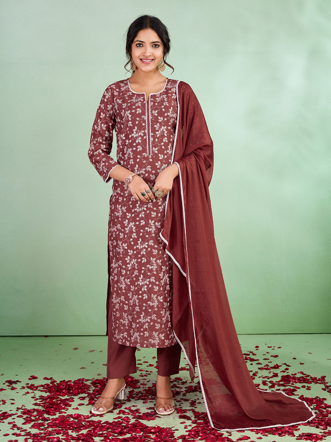 

SUAAC Floral Printed Notch Neck Straight Kurta With Trousers And Dupatta, Brown
