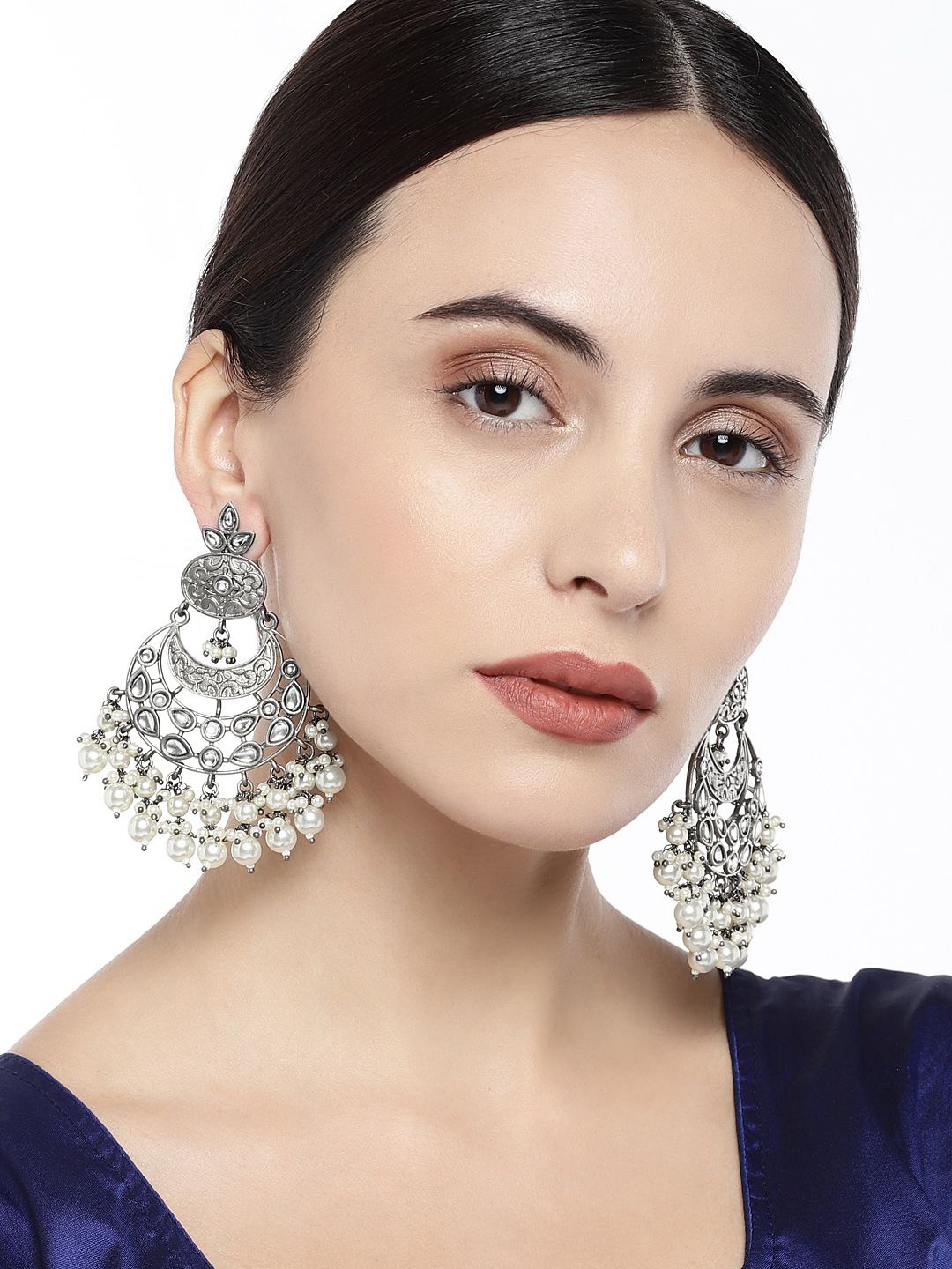 

Sangria Silver-Plated Artificial Stones Studded & Beaded Crescent Shaped Chandbalis