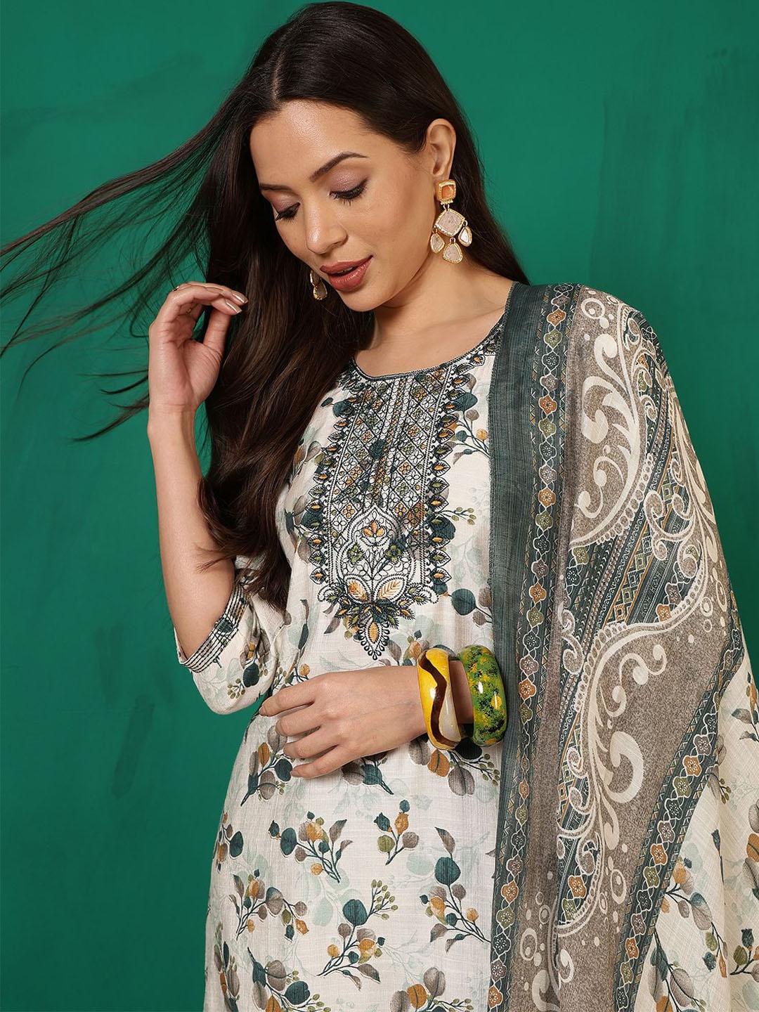 

Sangria Printed Round Neck Art Silk Straight Kurta With Trouser & Dupatta, White