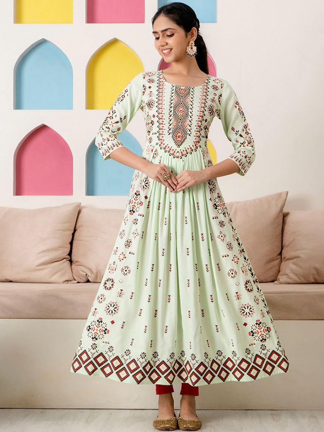 

RAABA Ethnic Motifs Printed Pleated Mirror Work A-Line Kurta, Sea green