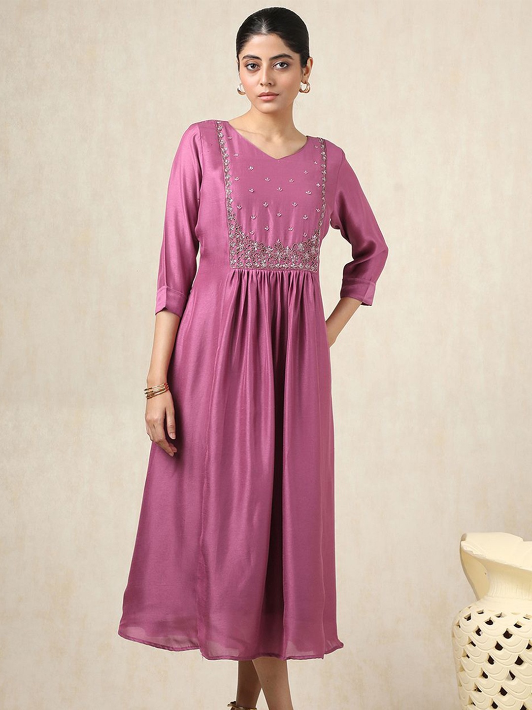 

Soch Embroidered Crepe Fit & Flare Midi Dress, Pink