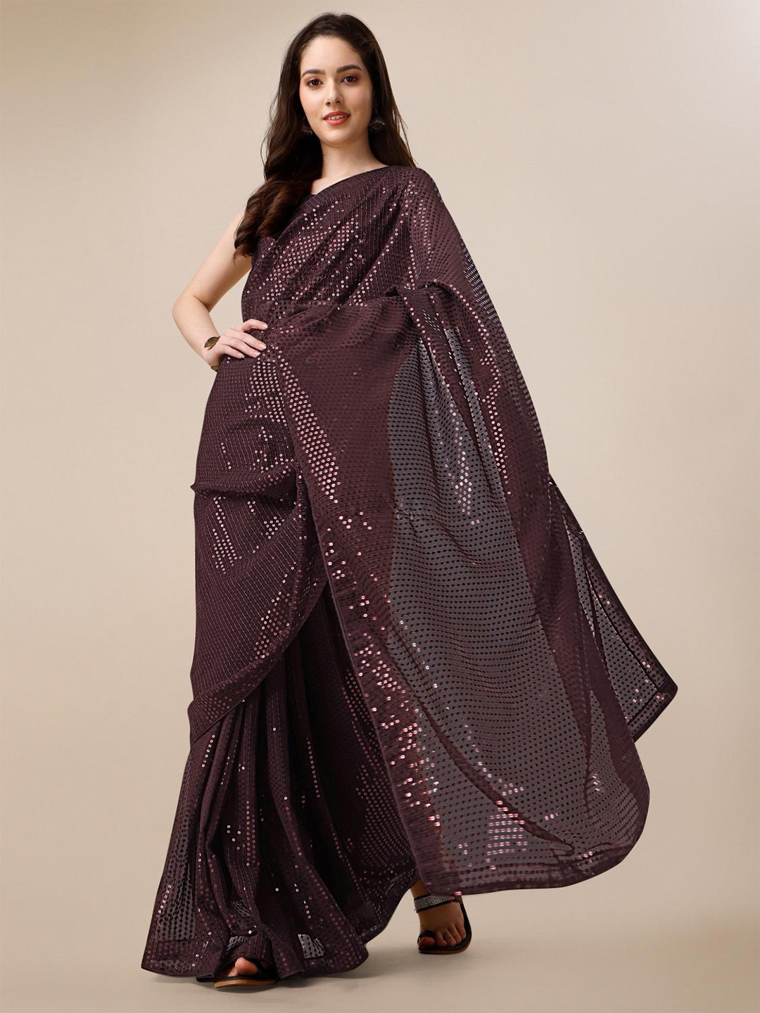 

The52 Pure Georgette Embellished Sequined Saree With Unstitched Blouse Piece, Brown