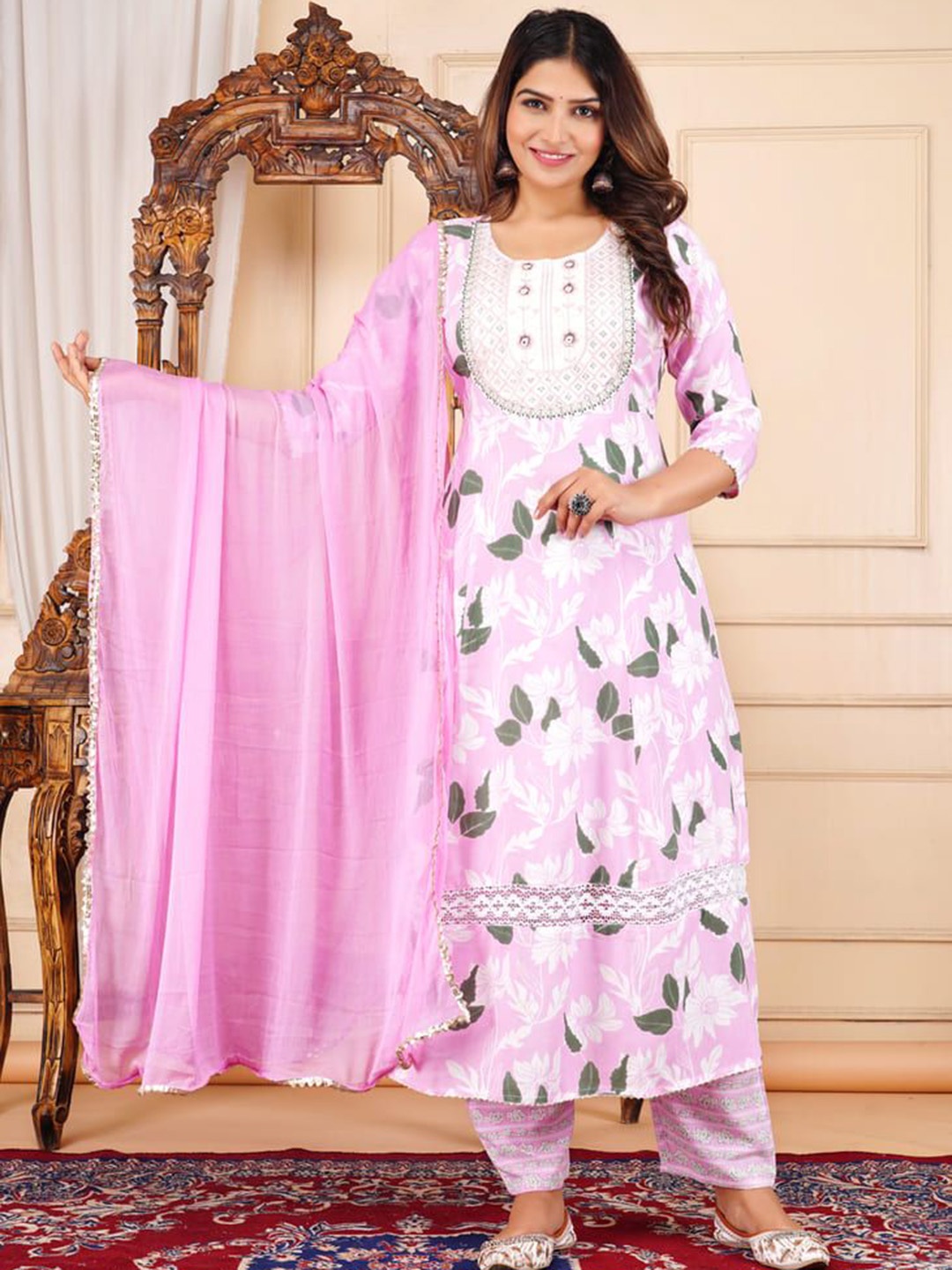 

JAYRA TEXTILE Floral Printed Kantha Work A-Line Kurta With Trousers And Dupatta, Pink