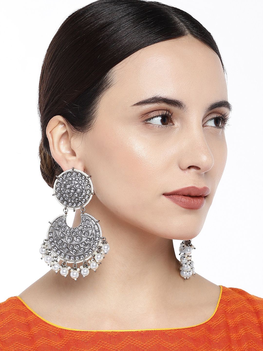 

Sangria Silver-Plated Artificial Stones Studded & Beaded Crescent Shaped Drop Earrings