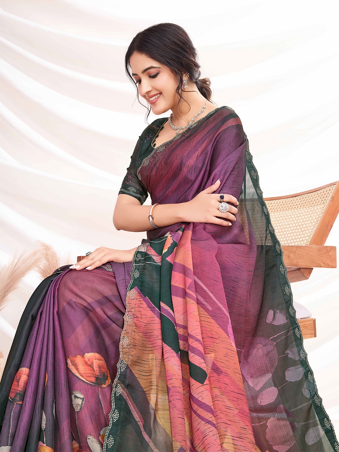 

all about you Floral Beads and Stones Satin Saree, Purple