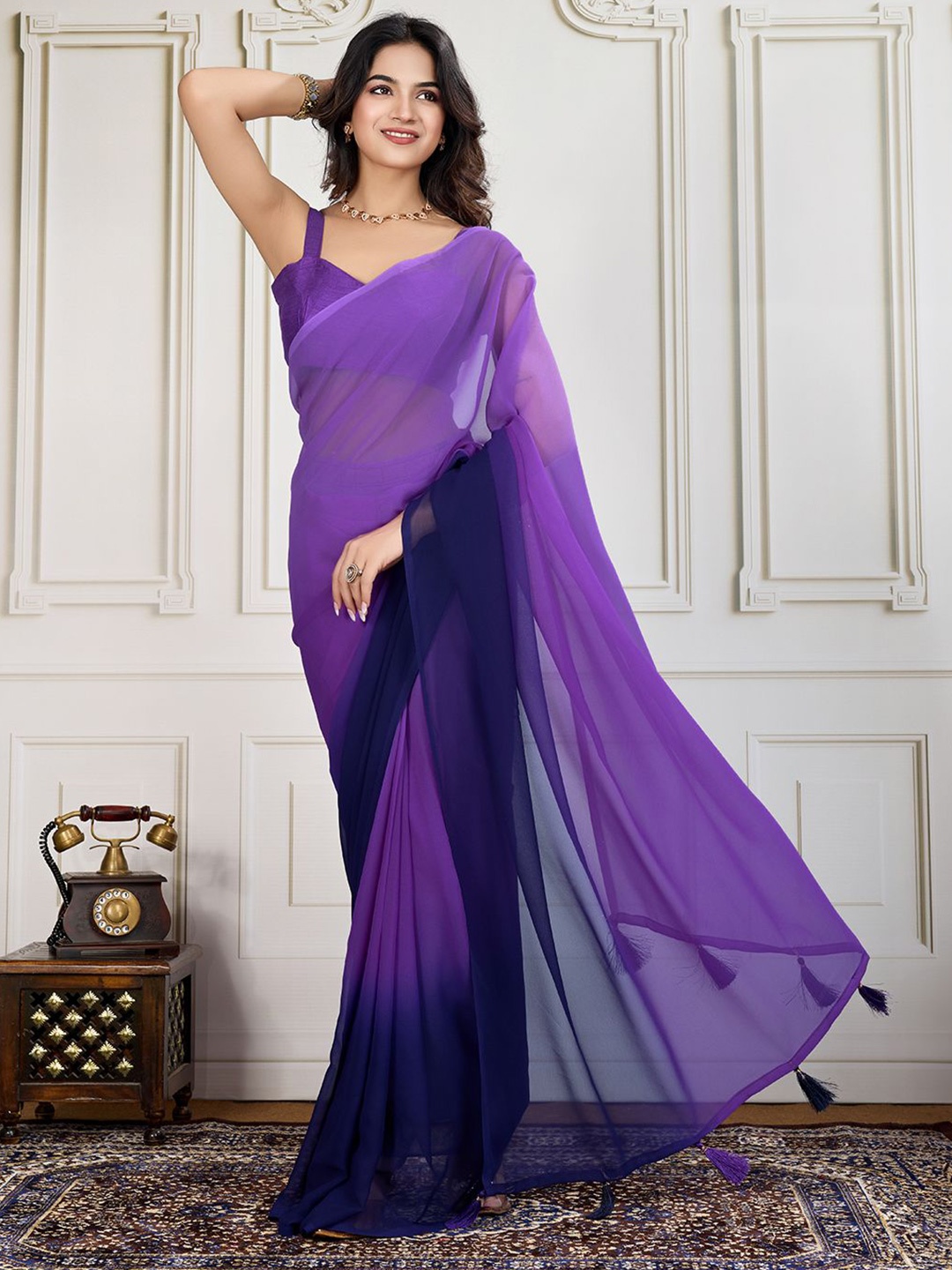 

House of Pataudi Ombre Printed Ready To Wear Saree With Unstitched Blouse Piece, Purple