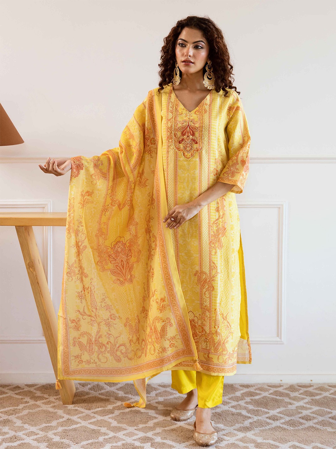 

KALINI Paisley Printed V-Neck Beads and Stones Straight Kurta With Trousers & Dupatta, Yellow