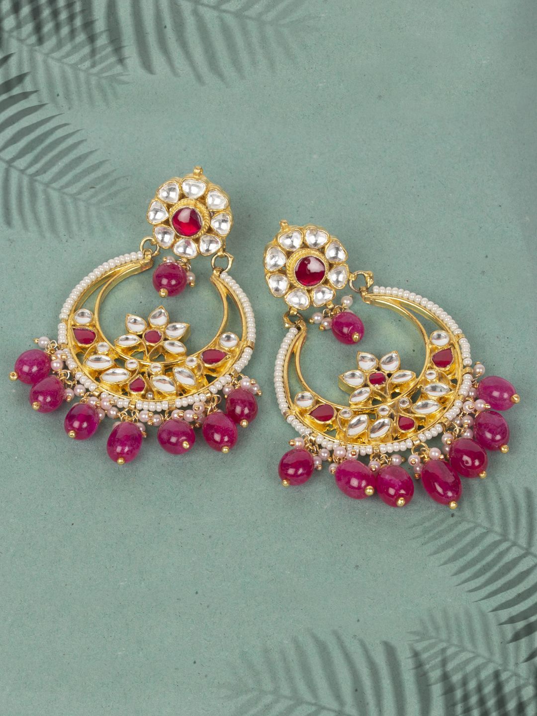 

House of Pataudi Gold-Plated Kundan Studded & Beaded Crescent Shaped Chandbalis