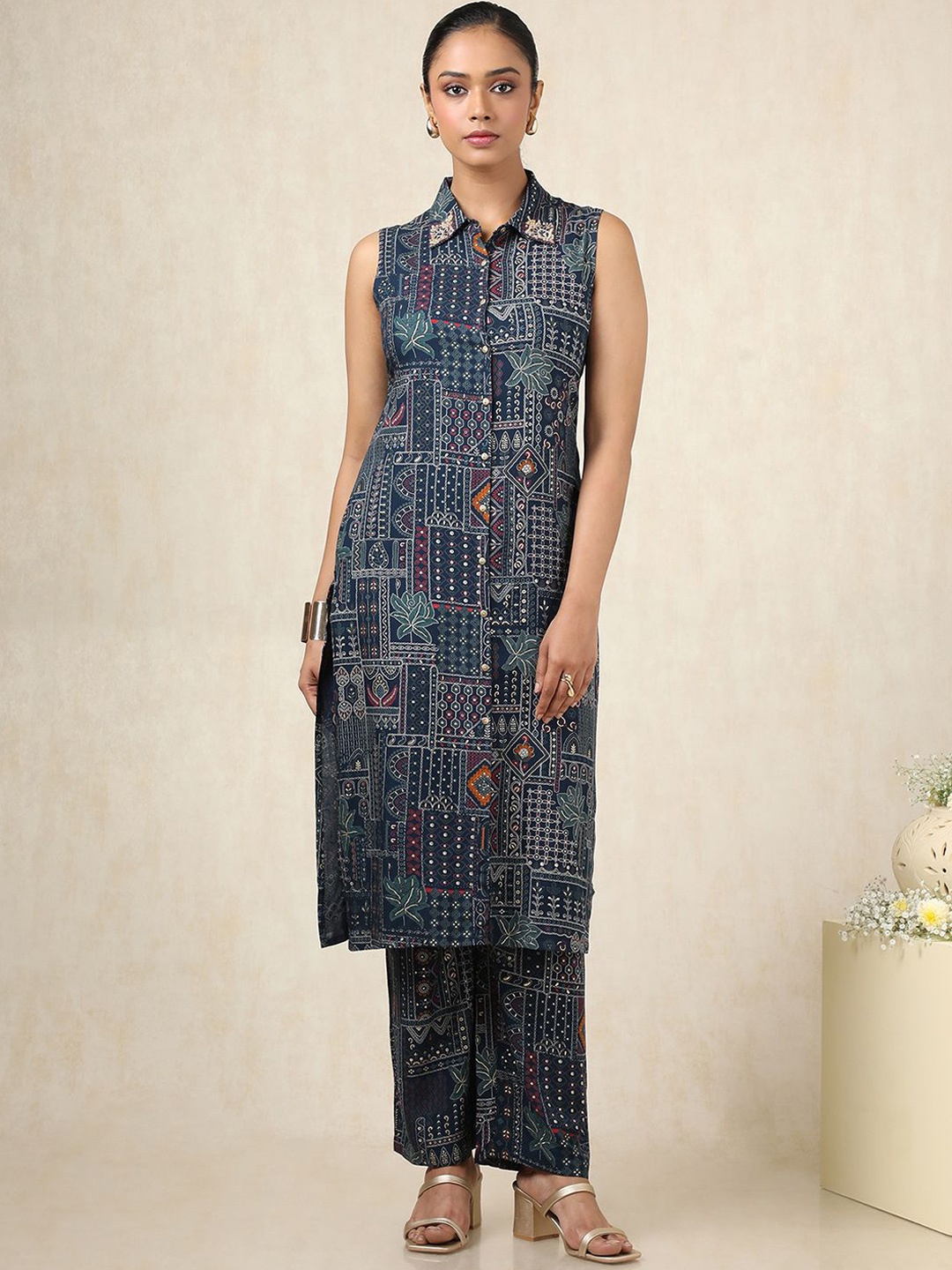

Soch Ethnic Motifs Printed Sequinned Shirt Collar Sleeveless Straight Kurta With Palazzos, Navy blue