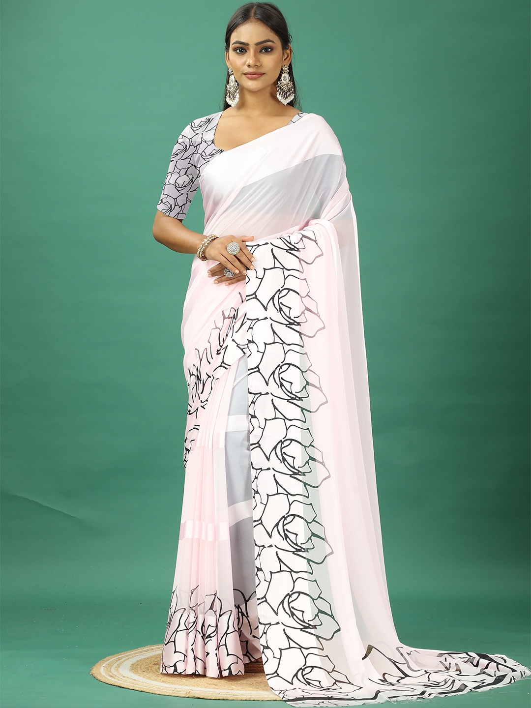 

Virendra Textiles Printed Border Saree With Unstitched Blouse Piece, Pink