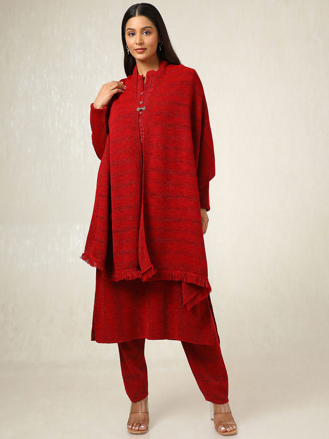 

Soch Floral Woven Design Mandarin Collar Acrylic Straight Kurta With Trousers & Dupatta, Maroon