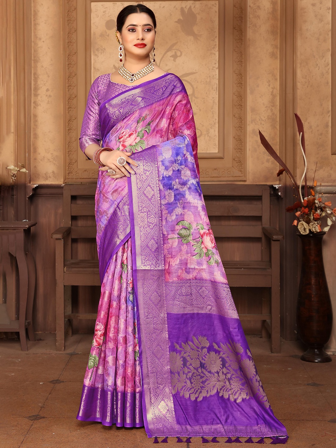 

VIRENDRA TEXTILES Woven Design Zari Art Silk Saree, Purple