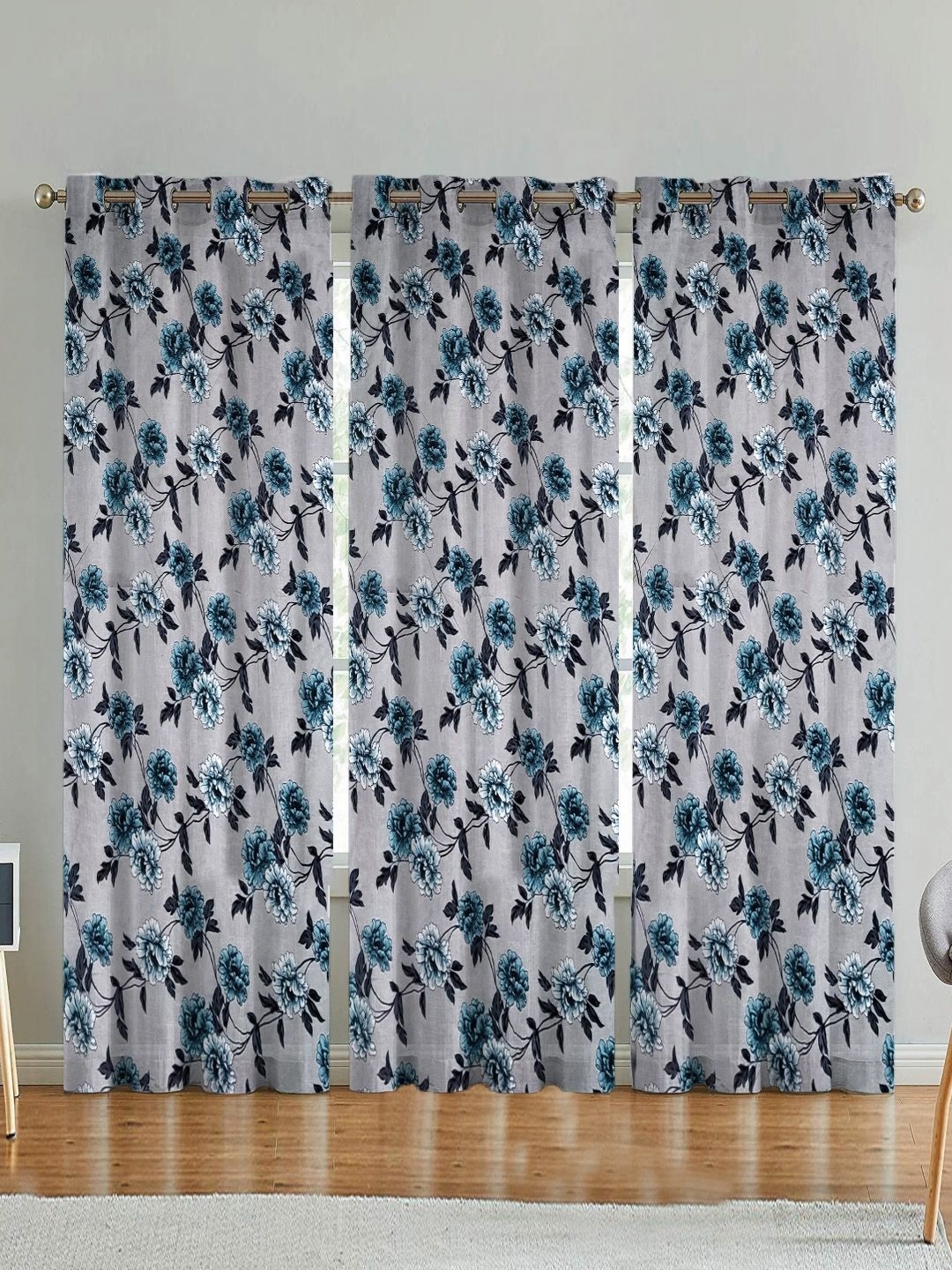 

ANA White & Blue 3 Pieces Floral Printed Room Darkening Cotton Door Curtains