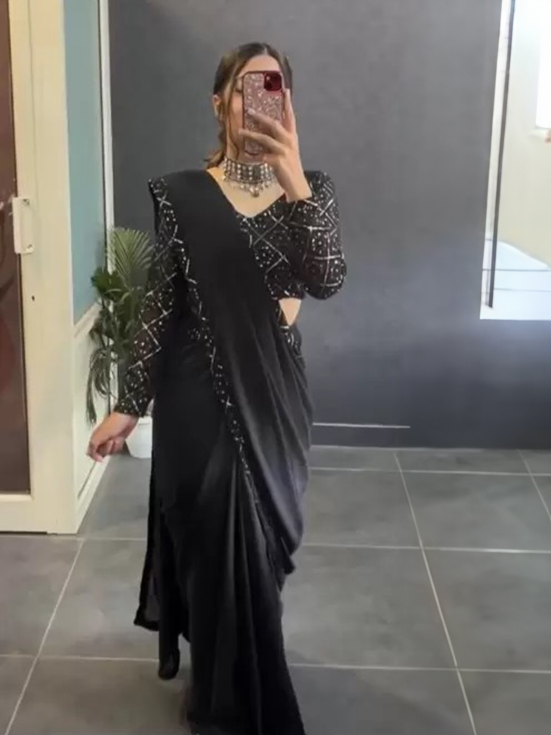 

THE52 Sequinned Pure Georgette Saree, Black