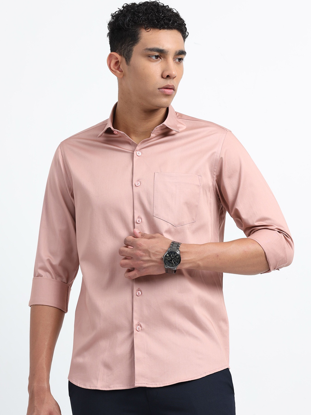 

U.S. PITCHERS Men Smart Slim Fit Spread Collar Solid Satin Casual Shirt, Pink