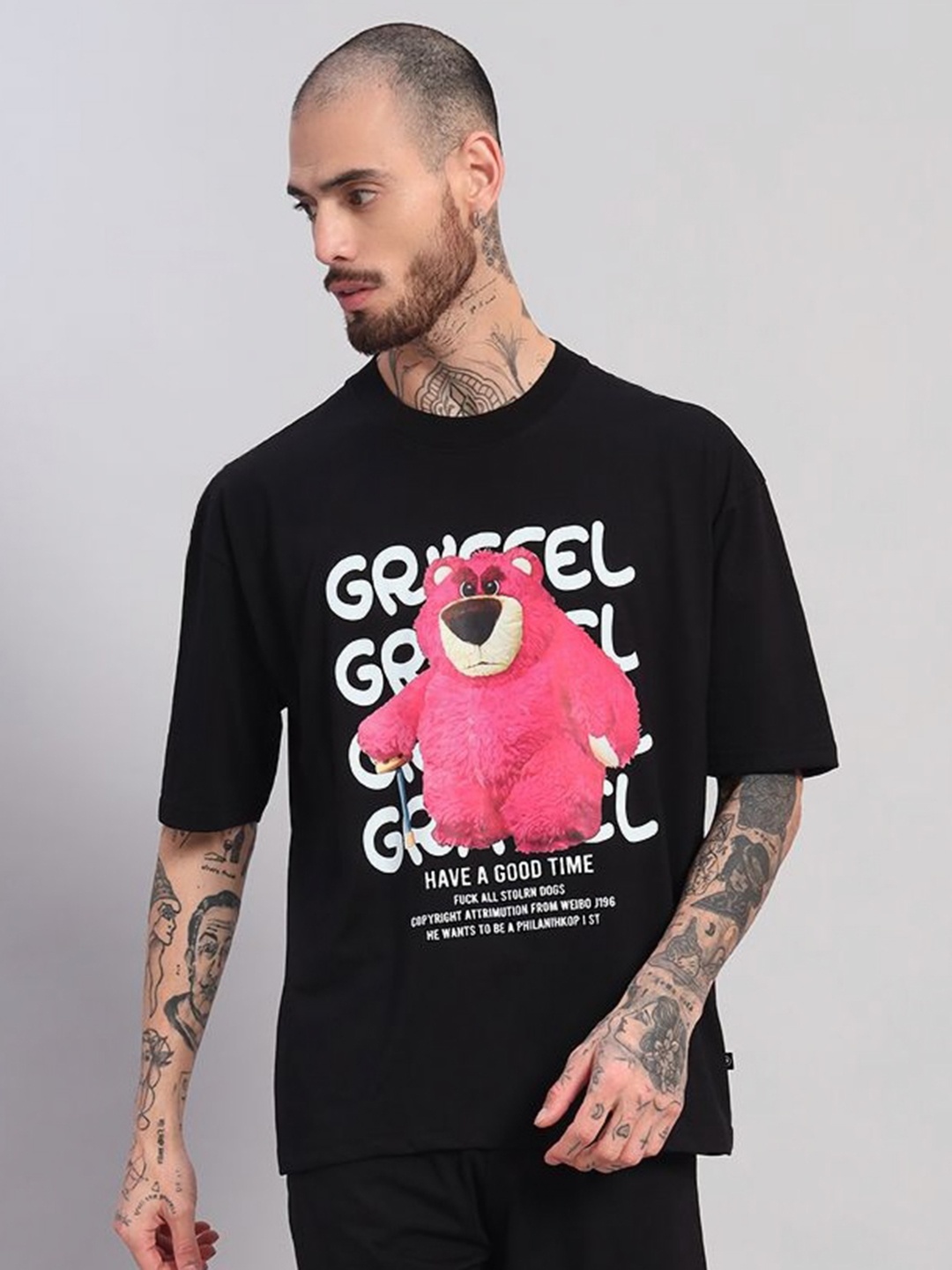 

GRIFFEL Men Printed Drop-Shoulder Sleeves Ultralite T-shirt, Black