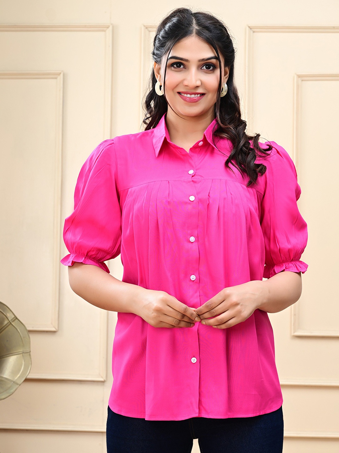 

rf clothes Women Shirt Collar Bell Sleeves Tunic, Pink