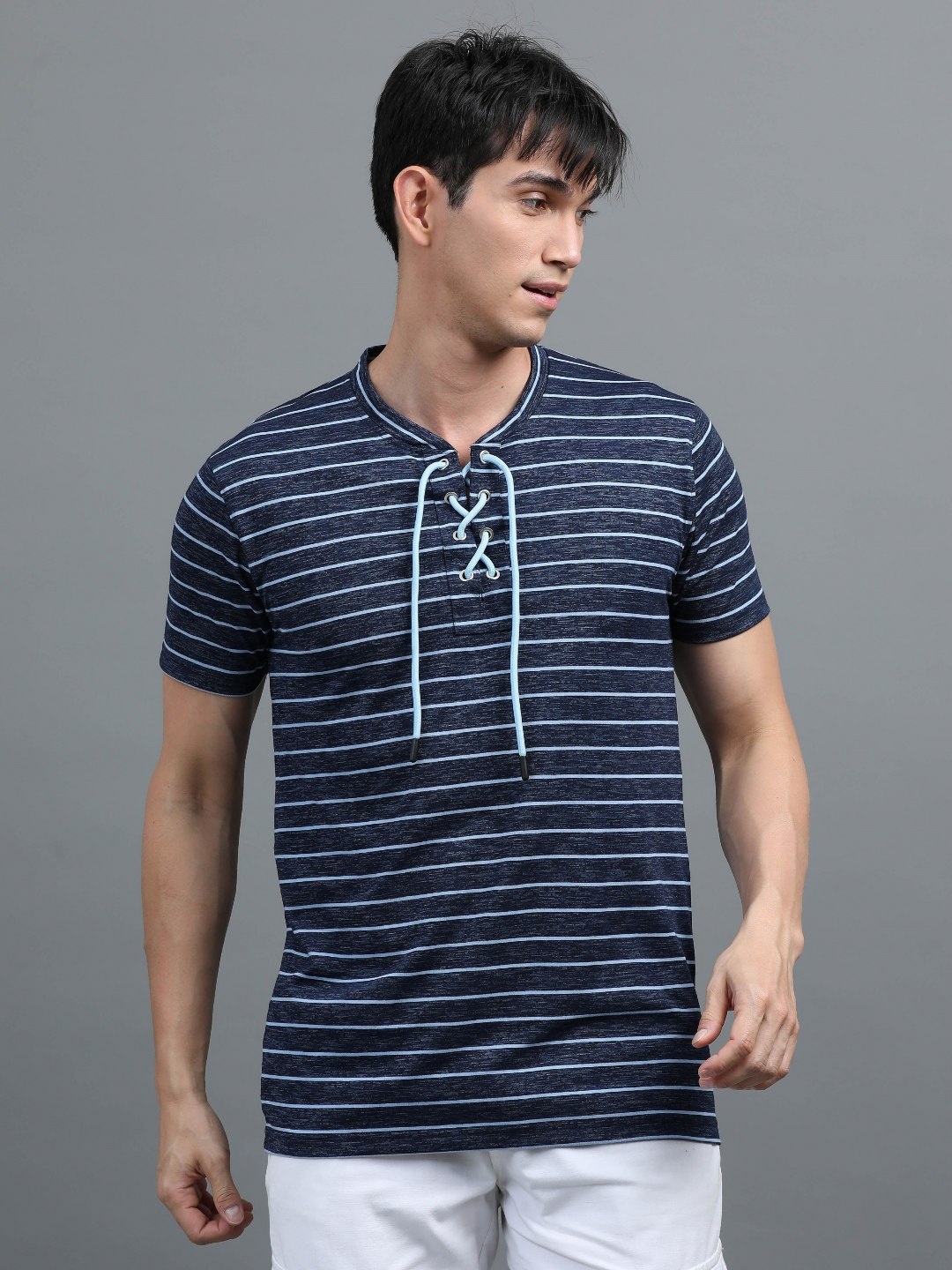 

BLUE ARC Men Striped V-Neck T-shirt