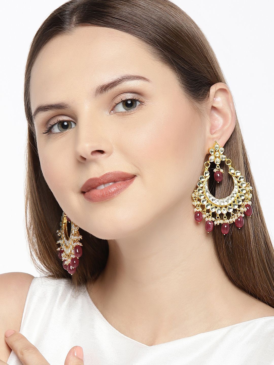 

House of Pataudi Gold-Plated Kundan Studded & Beaded Crescent Shaped Chandbali