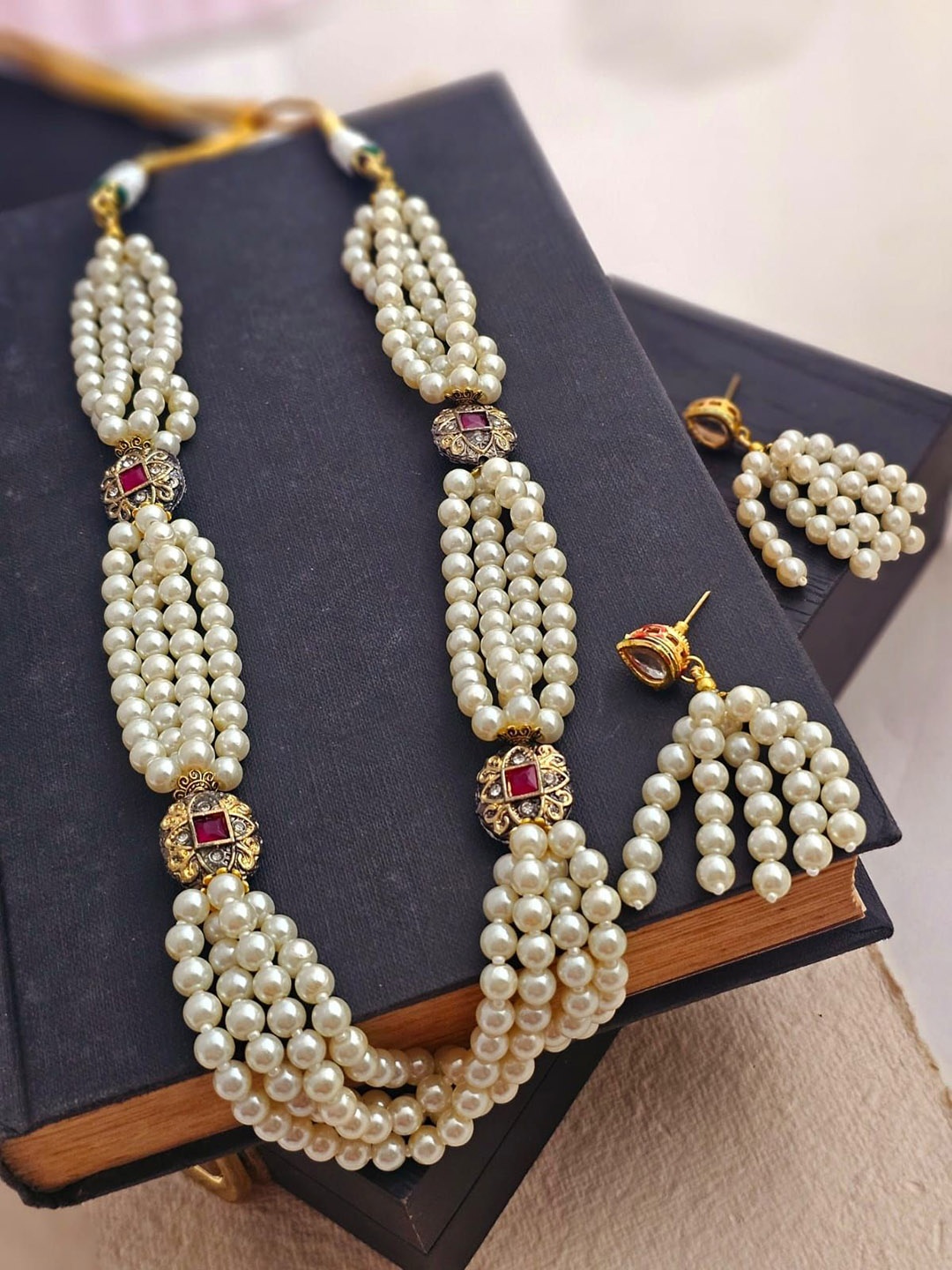 

Binnis Wardrobe Gold Plated Artificial Stone Studded & Beaded Semi Precious Jewellery Set