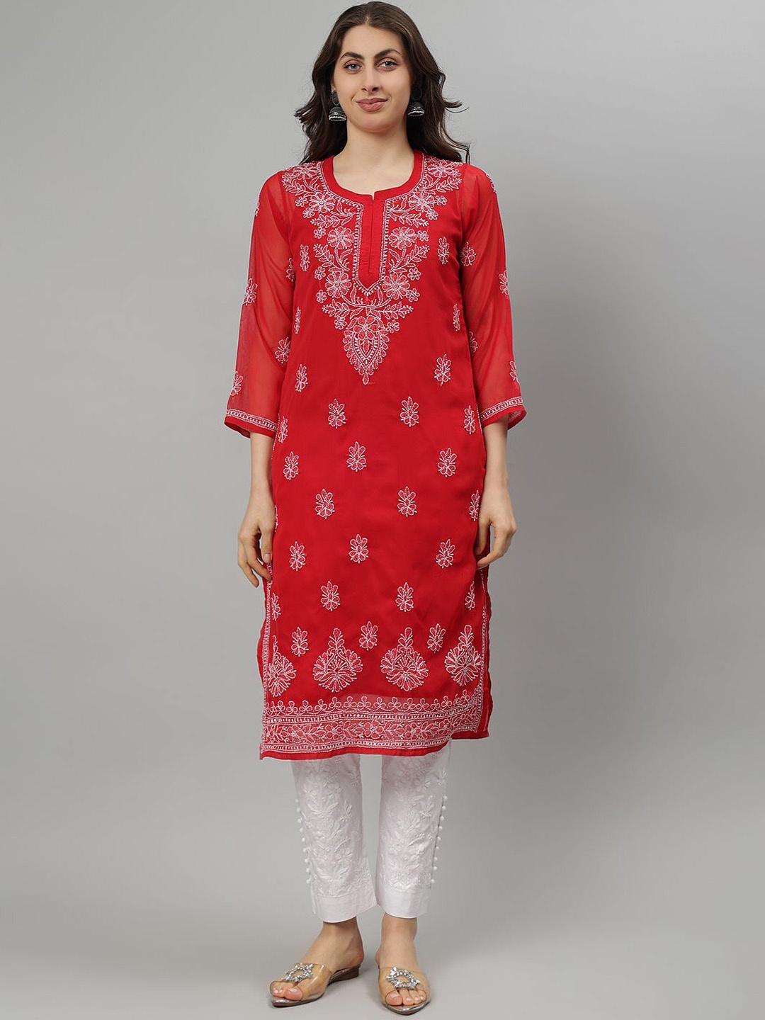 

Seva Chikan Ethnic Motifs Embroidered Notch Neck Chikankari Straight Kurta, Red