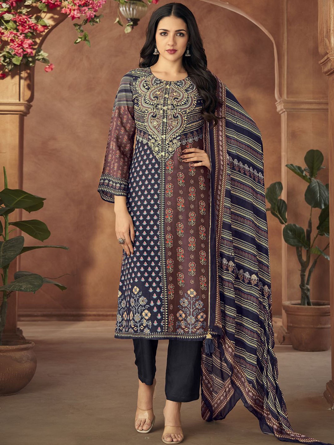 

Stylee LIFESTYLE Floral Printed Pure Silk Unstitched Dress Material, Navy blue