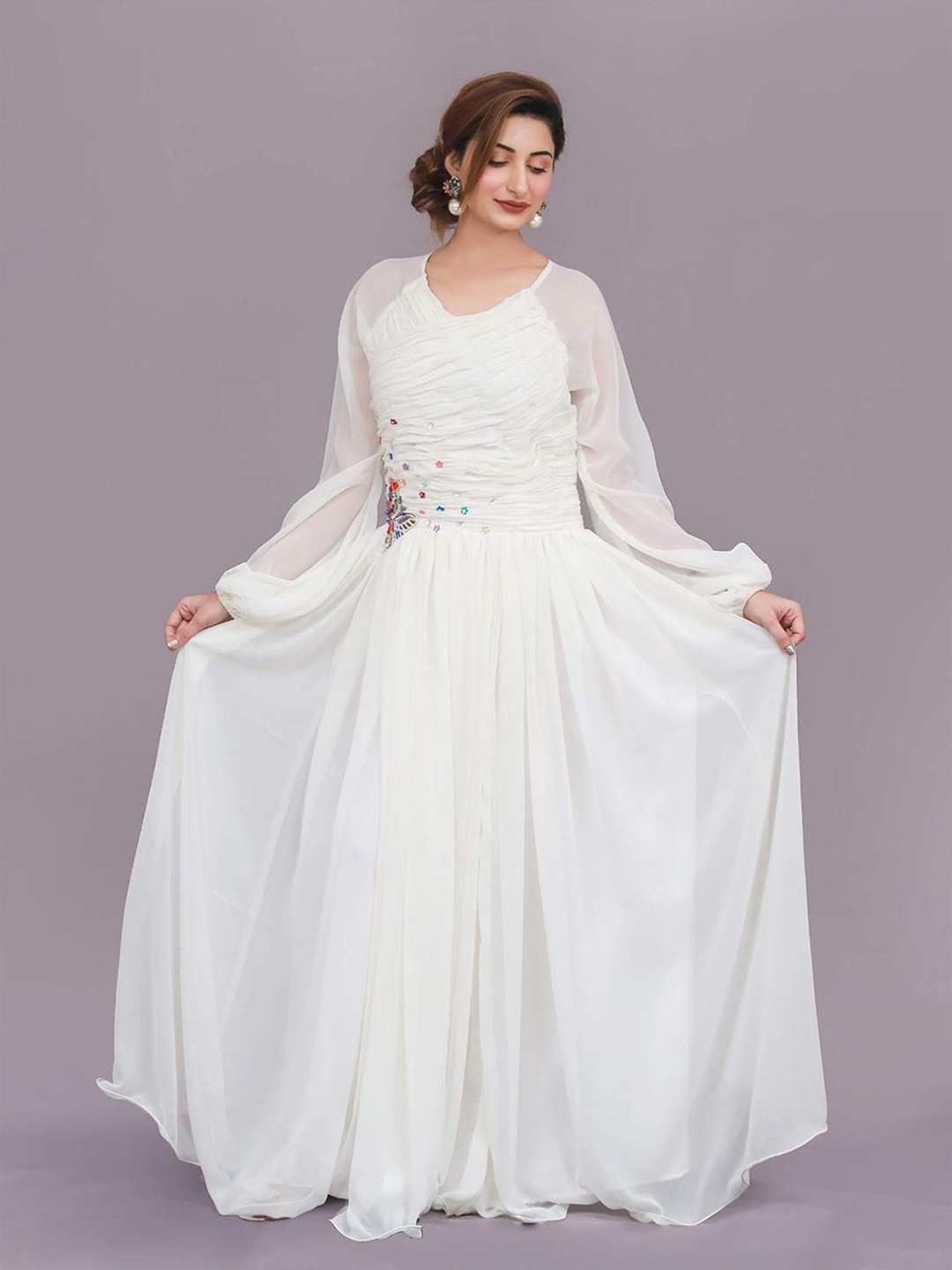 

27 Drapes Women Cotton Puff Sleeves Maxi Dress, White