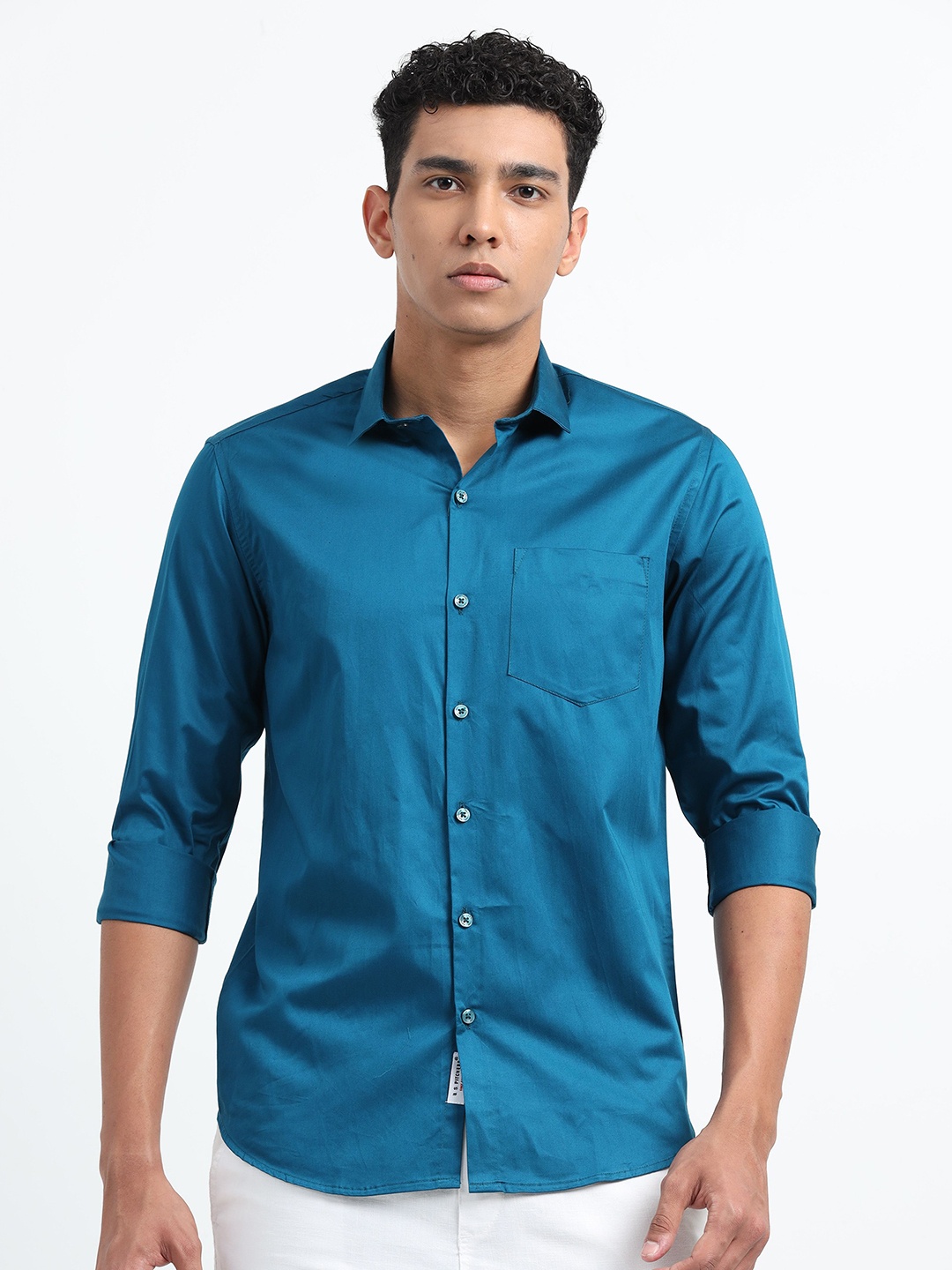 

U.S. PITCHERS Men Smart Slim Fit Spread Collar Solid Satin Casual Shirt, Blue