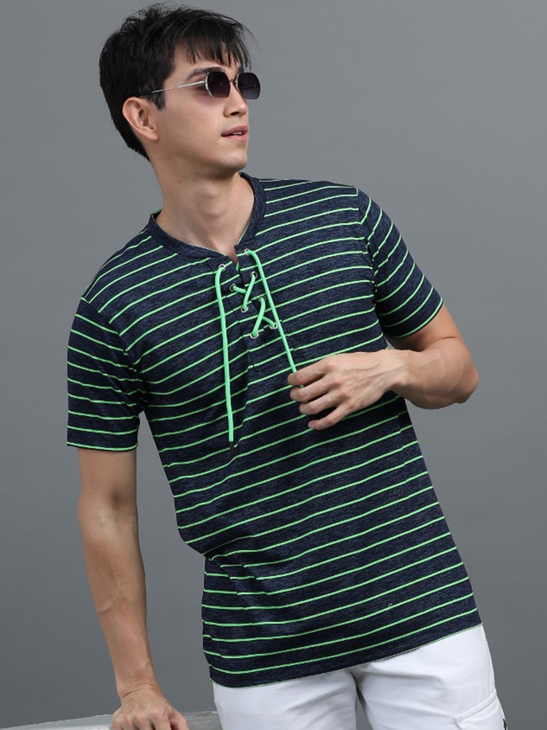 

BLUE ARC Men Striped V-Neck T-shirt, Green