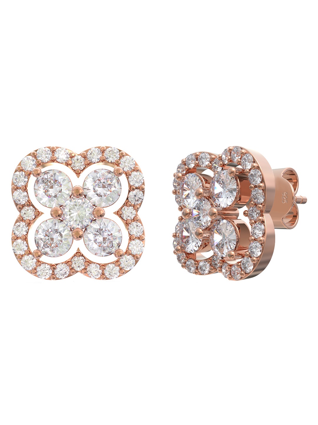 

ANAYRA 925 Sterling Silver Rose Gold-Plated Artificial Stone Studded Floral Shaped Studs