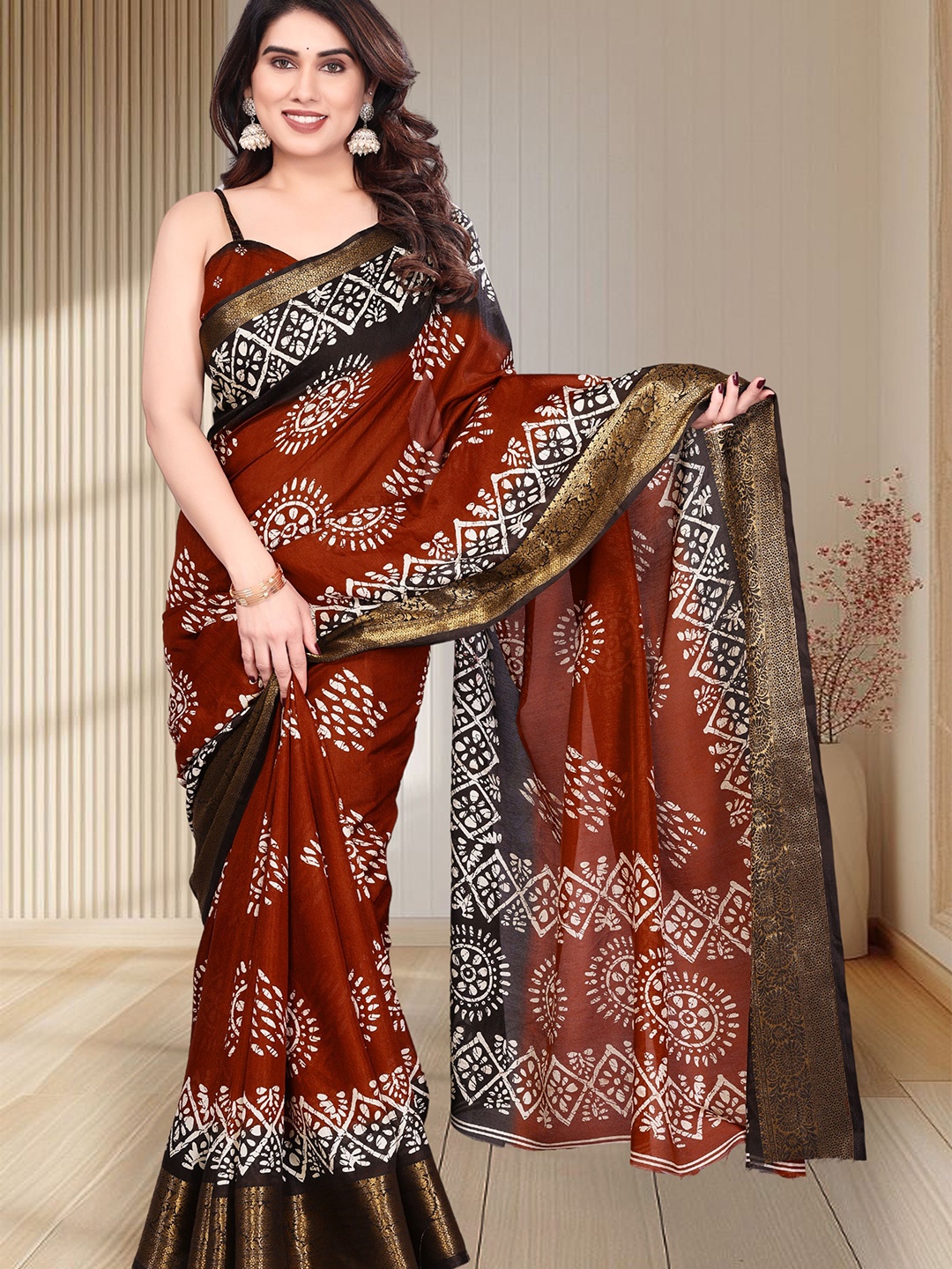 

SUPERLAXMI Batik Zari Silk Blend Jamdani Saree, Brown