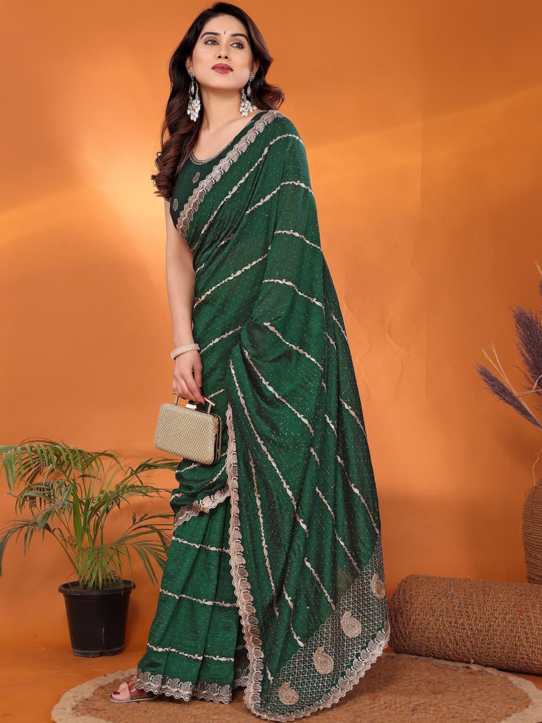 

FABMORA Embellished Embroidered Silk Blend Saree, Green