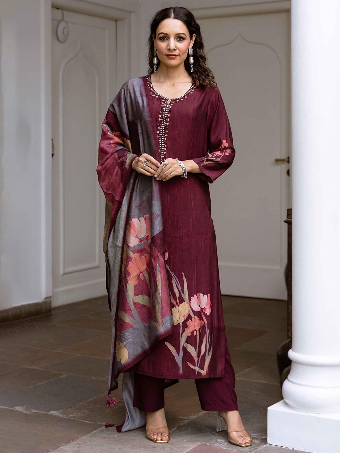 

KALINI Floral Printed Thread Work Straight Kurta with Trouser & Dupatta, Brown