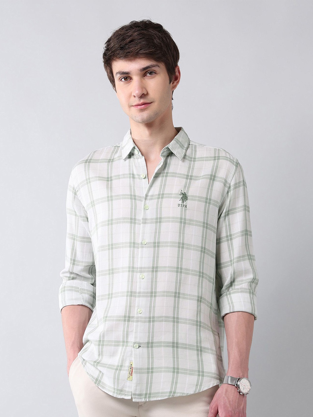 

U.S. Polo Assn. Denim Co. Men Classic Regular Fit Checked Cotton Casual Shirt, Green