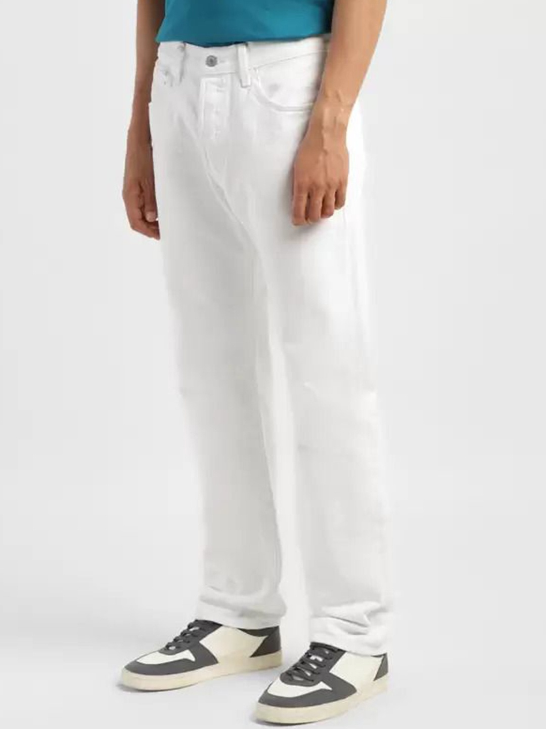 

LINARIA Men Cotton Classic Regular Fit Mid-Rise Low Distress Stretchable Jeans, White
