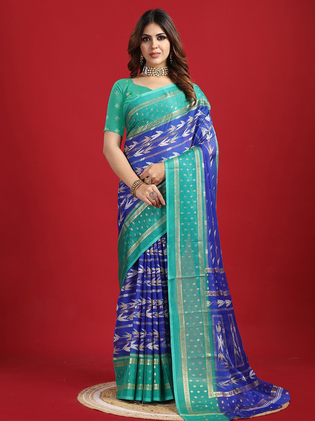 

VIRENDRA TEXTILES Ethnic Motifs Woven Design Saree, Blue