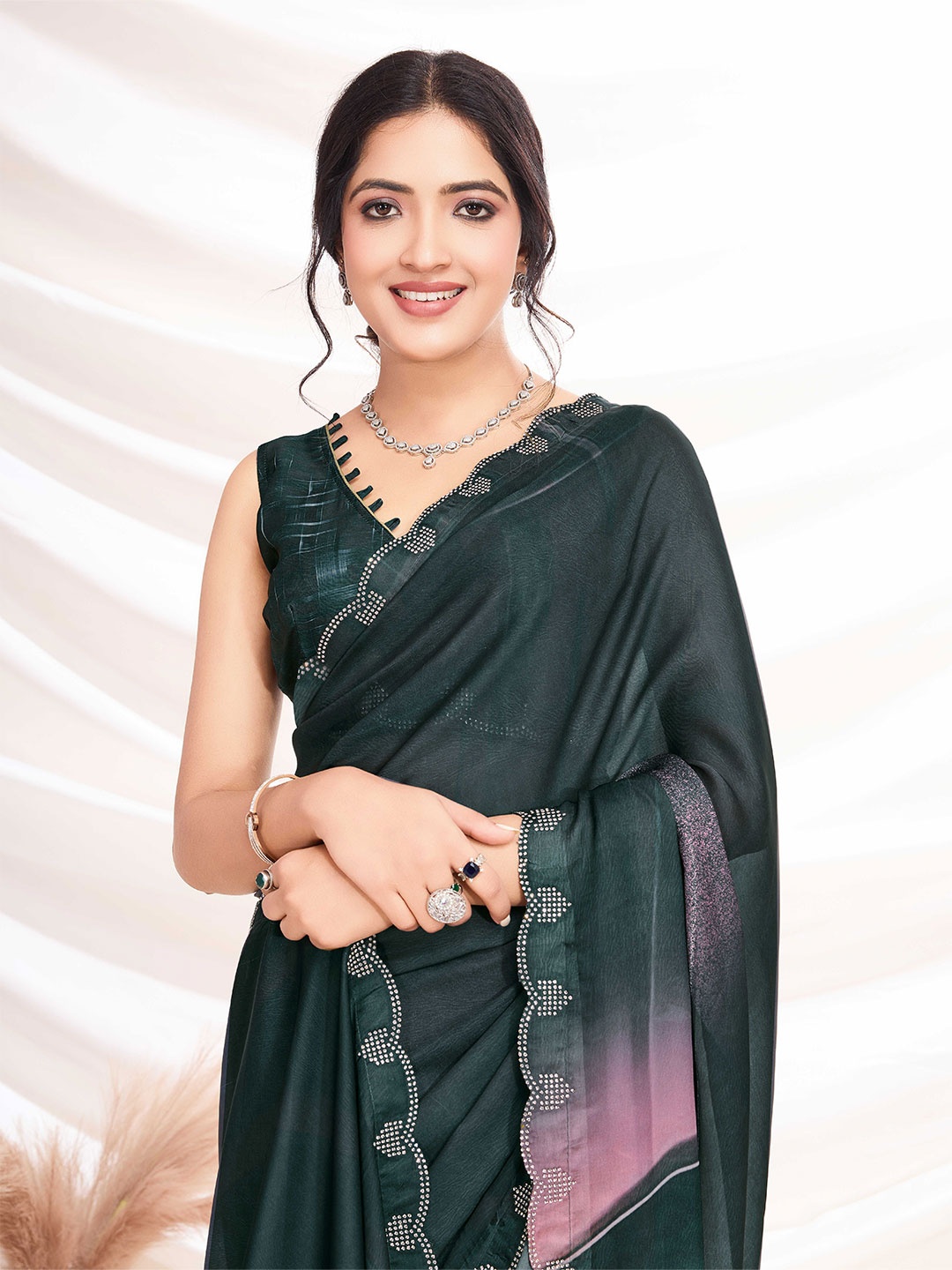 

all about you Embellished Beads and Stones Satin Saree, Black