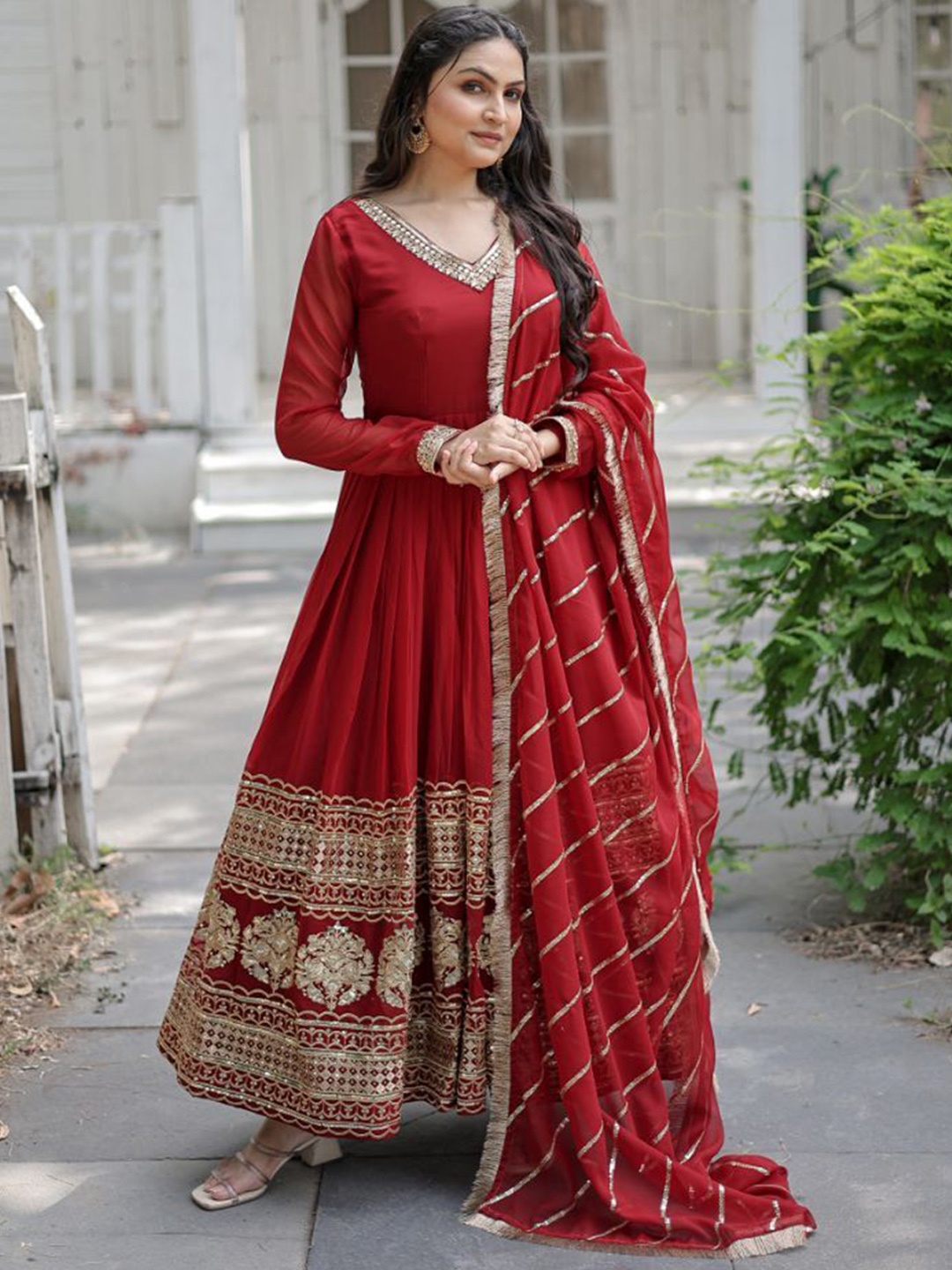 

ZIBLON Embroidered Ethnic Dresses With Dupatta, Maroon