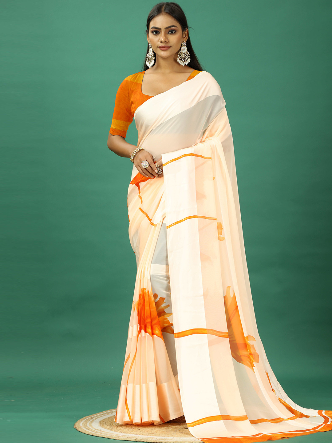 

Virendra Textiles Floral Printed Saree With Unstitched Blouse Piece, Orange