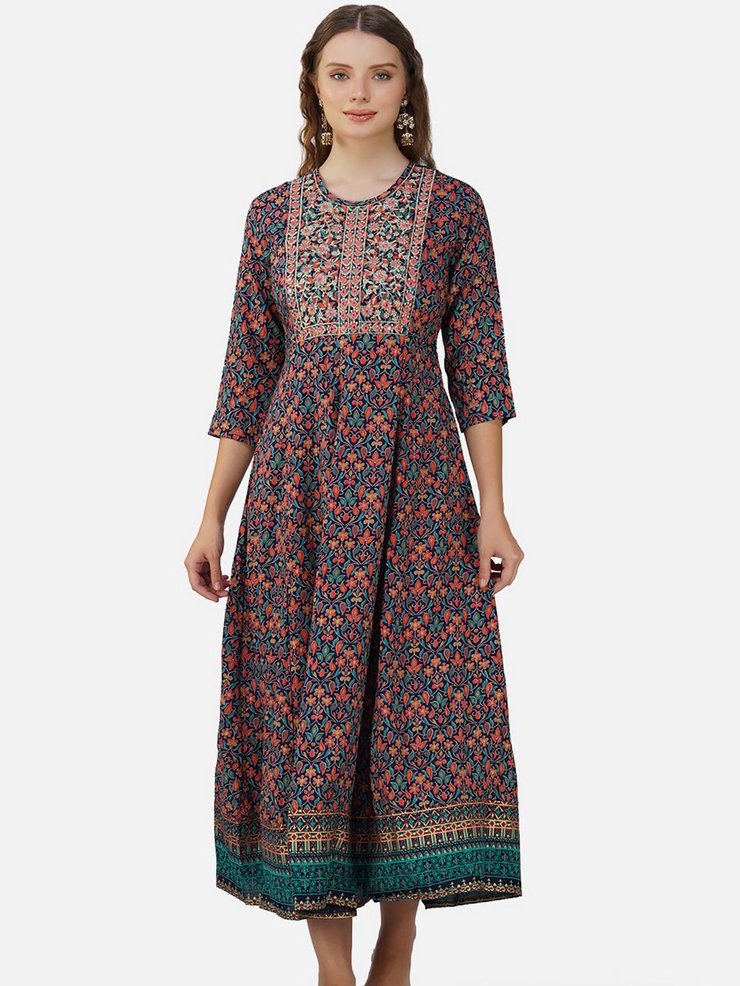 

Charitra Women Floral Printed Asymmetric Anarkali Dress, Navy blue